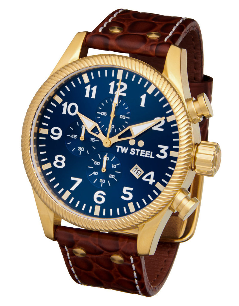 TW Steel TW Steel Horloge Heren VS114 Geelgoud Plating Kast en Donkerblauwe Wijzerplaat en Bruine Croco Horlogeband