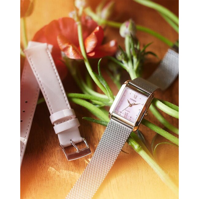Citizen Citizen Horloge EW5596-66X Staal Bi-color Eco-drive met Roze Wijzerplaat en Extra Leren Horlogeband