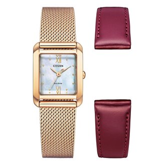 Citizen Citizen Horloge EW5593-64D Staal met Geelgouden Plating Eco-drive en Parelmoer Wijzerplaat en extra Leren Horlogeband  goudkleurig met parelmoer wijzerplaat