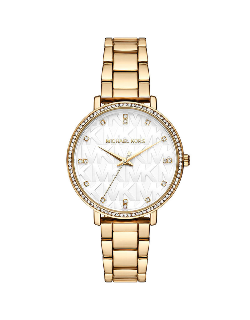 Michael Kors Michael Kors MK4666 horloge dames staal goldplated met idem band witte wijzerplaat met MK logo afgezet met Swarovski steentjes