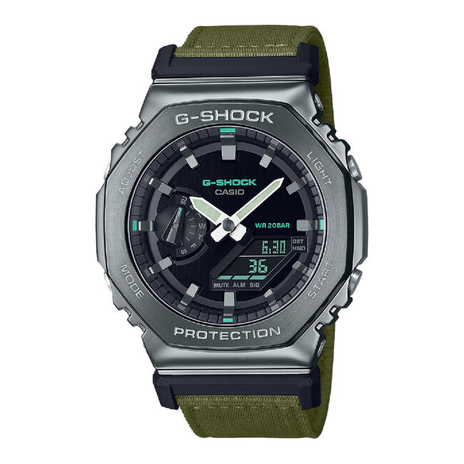 Casio G-Shock CASIO G-Shock Horloge GM-2100CB-3AER Staal Gun Metal Digitaal Analoog met Groene Canvas Band