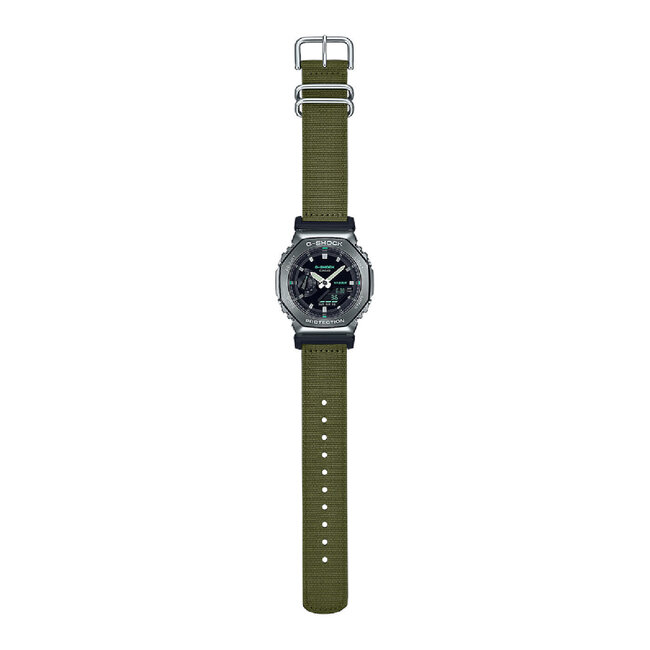 Casio G-Shock CASIO G-Shock Horloge GM-2100CB-3AER Staal Gun Metal Digitaal Analoog met Groene Canvas Band