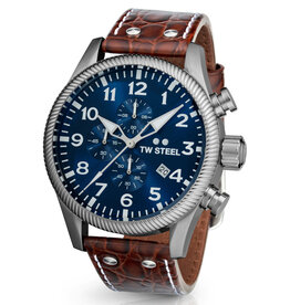 TW Steel TW Steel Horloge Heren VS111 Staal Chronograaf met Blauwe Wijzerplaat en Bruine Croco Horlogeband