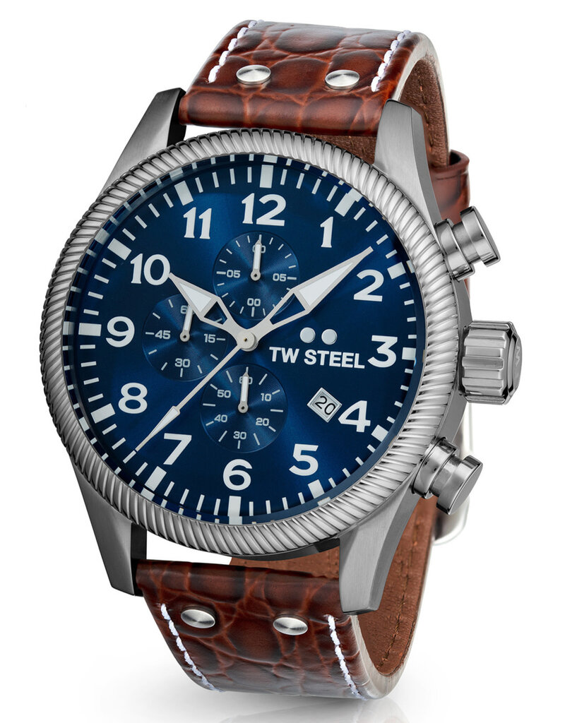 TW Steel TW Steel Horloge Heren VS111 Staal Chronograaf met Blauwe Wijzerplaat en Bruine Croco Horlogeband