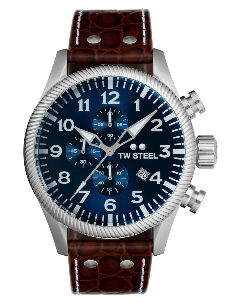 TW Steel TW Steel Horloge Heren VS111 Staal Chronograaf met Blauwe Wijzerplaat en Bruine Croco Horlogeband