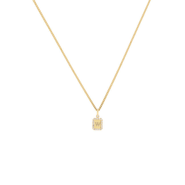 Vedder & Vedder Vedder & Vedder Collier Tiny Pave Tag Zilver met Geelgouden Plating Letter E 45cm