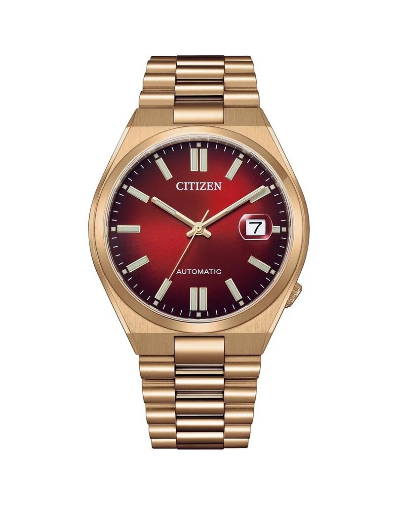 Citizen NJ0153 82X horloge heren automaat staal rose plated met vintage rode wijzerplaat saffierglas incl. datum vergrootglas Juwelier Blinckers Jewels Watches in Purmerend sinds 2005