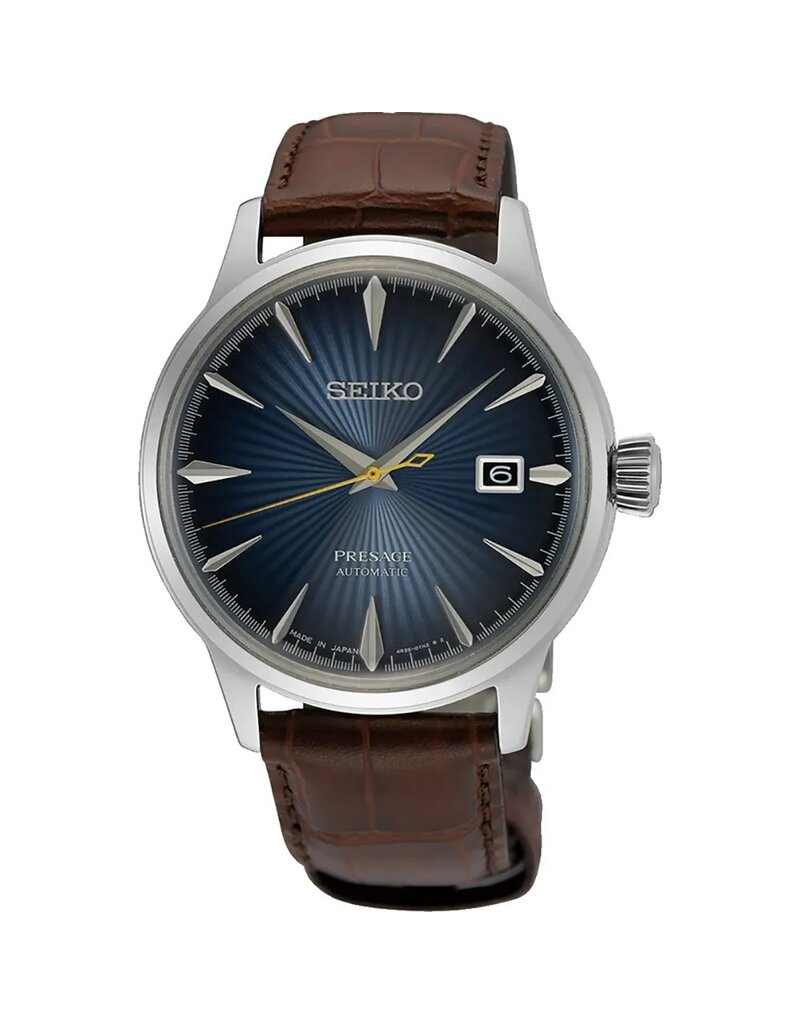 Seiko Seiko SRPK15J1 horloge heren automaat staal met vintage blauwe wijzerplaat datum funtie uitgevoerd met bruine leren croco band voorzien van luxe vouwsluiting