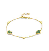 Blinckers Jewelry Huiscollectie BJ 4029161 armband dames in 14k geelgoud met 5 hartjes waarvan twee met groene malachier  lengte  verstelbaar tussen 16 en 18 cm door extra ogen