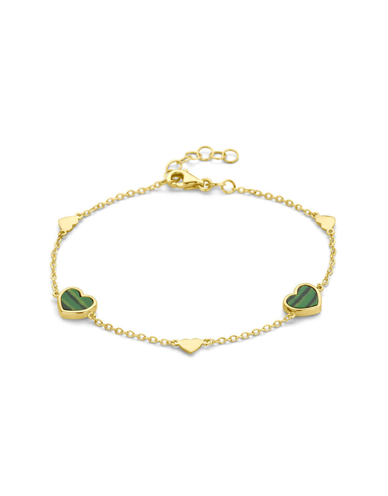 Blinckers Jewelry Huiscollectie BJ 4029161 armband dames in 14k geelgoud met 5 hartjes waarvan twee met groene malachier  lengte  verstelbaar tussen 16 en 18 cm door extra ogen