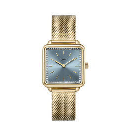 Cluse Cluse CW10310 horloge dames square LA TÉTRAGONE 28.5 mm doorsnede goldplated met mesh band en vintage blauwe wijzerplaat met zirkonia's