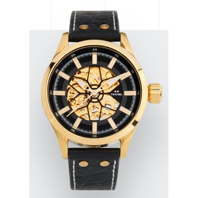 TW Steel TW Steel Horloge VS131 Skeleton Volante Staal met Geelgouden Plating Automaat met Zwart Croco Horlogeband 45mm