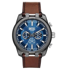 Diesel Diesel Heren Horloge DZ4643 Staal met Zwarte Coating Blauwe Wijzerplaat en Bruine Leren Horlogeband 51mm