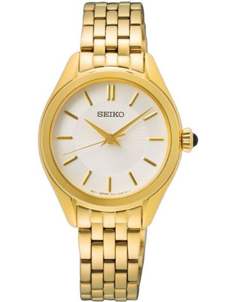 Seiko Seiko sur538P1 horloge dames staal geelgoud plated met vintage witte wijzerplaat en gouden markers