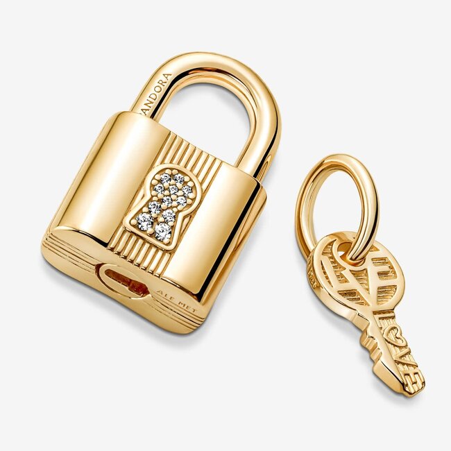 Pandora Pandora Bedel 760088C01 Zilver 14k Geelgouden Plating Hangslot en Sleutel met Zirkonia