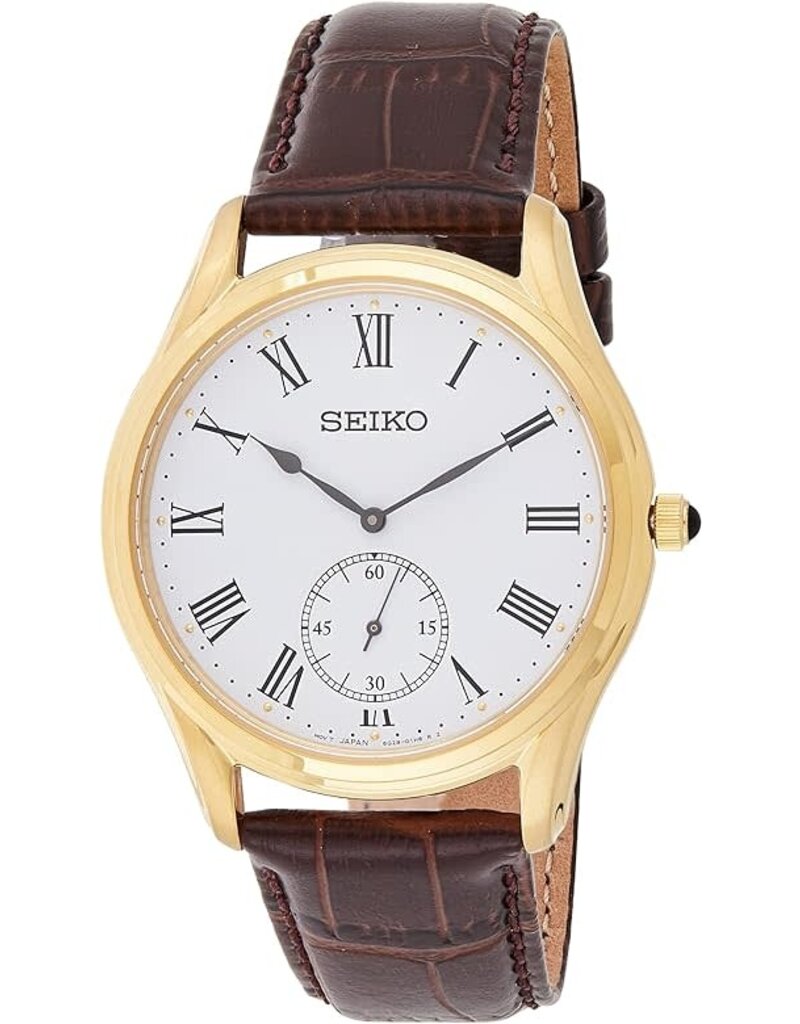 Seiko Seiko SRK050P1 Heren horloge goud met bruin leren band en witte wijzerplaat en sapphire glas