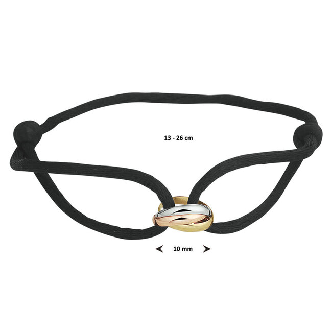 The House Of Blinckers THOB Armband 47.00154 14k Tri-color Goud Trinity met Zwart Satijn 13 - 26cm