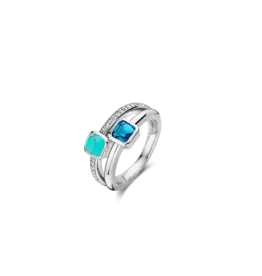 Ti Sento Milano Ti Sento Ring 12326DB/56 Zilver Gerhodineerd Dubbel Ring met Blauwe en Turqouise Steen en Zirkonia Maat 56