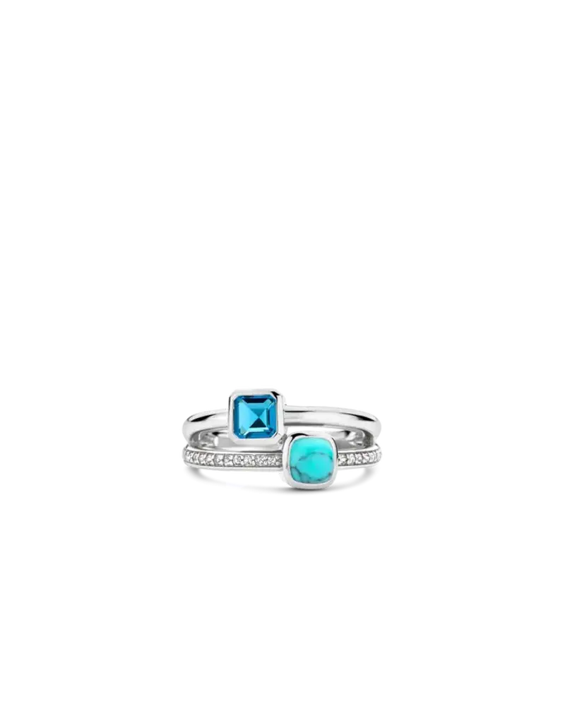 Ti Sento Milano Ti Sento Ring 12326DB/56 Zilver Gerhodineerd Dubbel Ring met Blauwe en Turqouise Steen en Zirkonia Maat 56