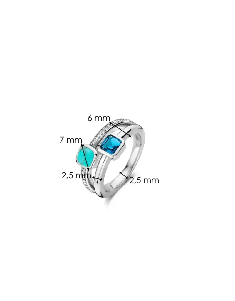 Ti Sento Milano Ti Sento Ring 12326DB/56 Zilver Gerhodineerd Dubbel Ring met Blauwe en Turqouise Steen en Zirkonia Maat 56