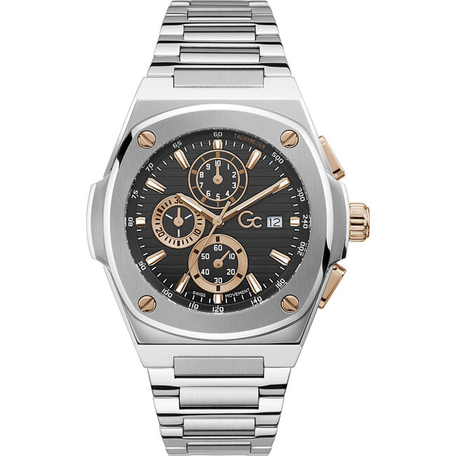 GC GC Horloge Y99001G2MF Staal Bi-color Quartz Swiss Made Chronograaf met Zwarte Wijzerplaat 44mm