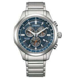 Citizen Citizen AT2530-85L Horloge heren chronograaf eco-drive in super titanium met diep donkerblauwe wijzerplaat en oranje accenten