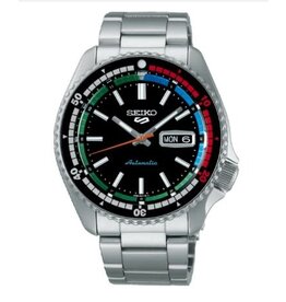 Seiko Seiko  SRPK13K1 horloge heren automaat staal 42 mm  met stalen band uit de Retro sports collection zwarte wijzerplaat met retro kleuraccenten  voorzien van duikring  en doorkijkglas aan de achterzijde waardoor het uurwerk zichtbaar is