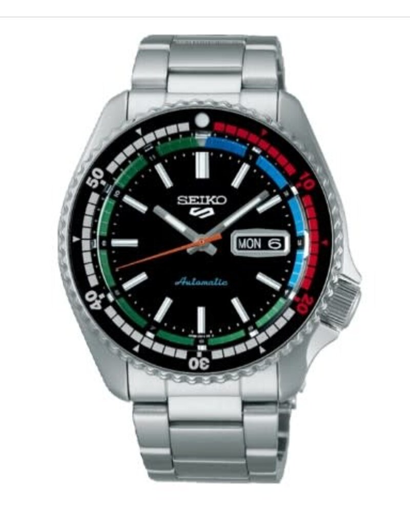 Seiko Seiko  SRPK13K1 horloge heren automaat staal 42 mm  met stalen band uit de Retro sports collection zwarte wijzerplaat met retro kleuraccenten  voorzien van duikring  en doorkijkglas aan de achterzijde waardoor het uurwerk zichtbaar is