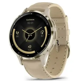 Garmin Garmin Smart Horloge 010-02785-55 Venu® 3S Soft Gold rand van Staal met French Grey behuizing en Leren Horlogeband