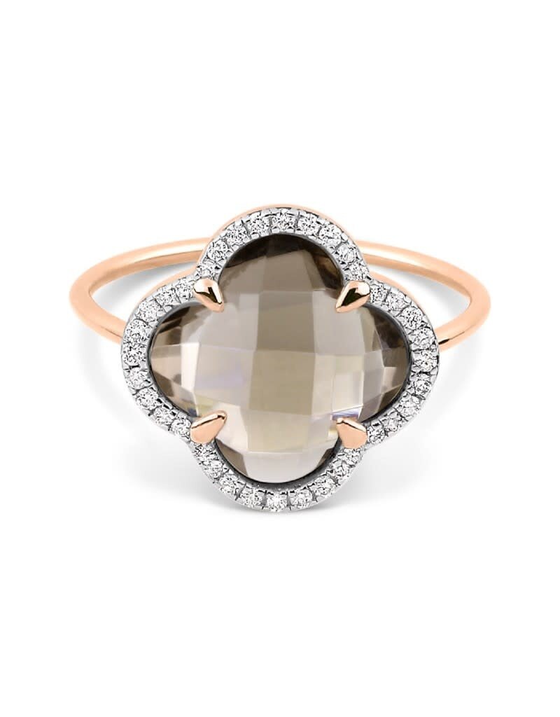 Morganne Bello Morganne Bello Ring 3031PB120D/56 18k Roségoud Victoria met Smocky Quartz Clover met 0.128ct briljant geslepen Diamanten Maat 56