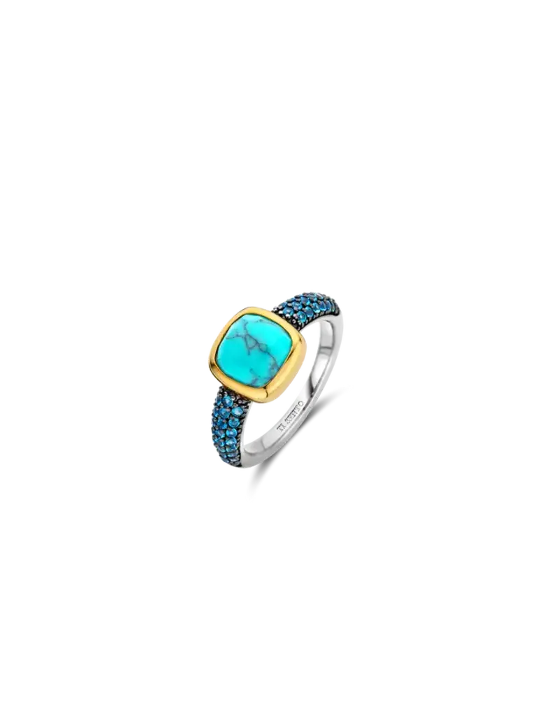 Ti Sento Milano Ti Sento Ring 12331TQ/54 Zilvere ring met gouden plating om de zetting Turqouise steen en blauwe zirkonia's