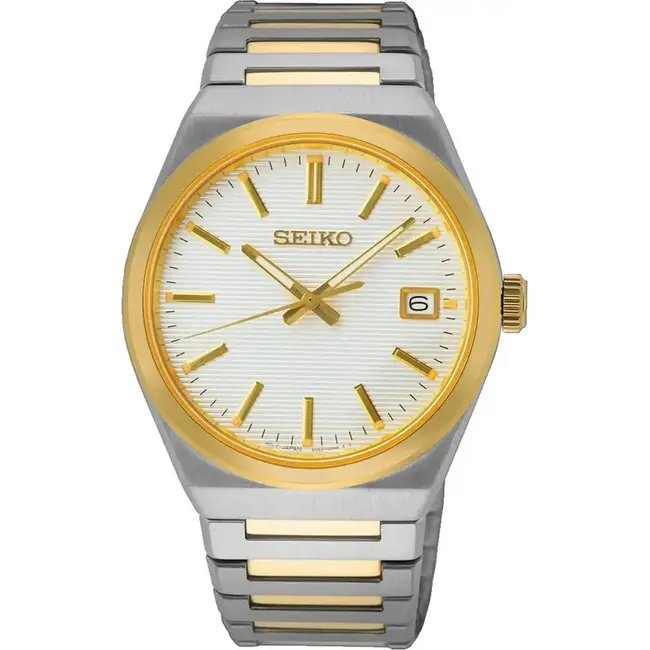 Seiko Seiko Horloge SUR558P1 Staal Bi-color Quartz Saffierglas 100m Waterdicht met Witte Wijzerplaat 39mm