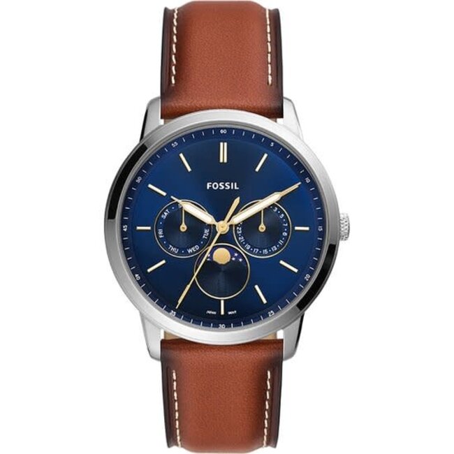 Fossil Fossil Horloge FS5903 Staal Quartz met Blauwe Wijzerplaat en Bruin Leren Horlogeband