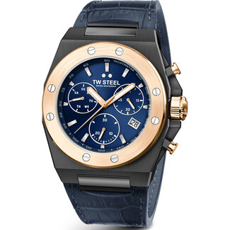 TW Steel TW Steel CE4086 horloge heren staal chronograaf black plated  met rosé bezel, blauwe wijzerplaat en blauw croco lederen band met vouwsluiting