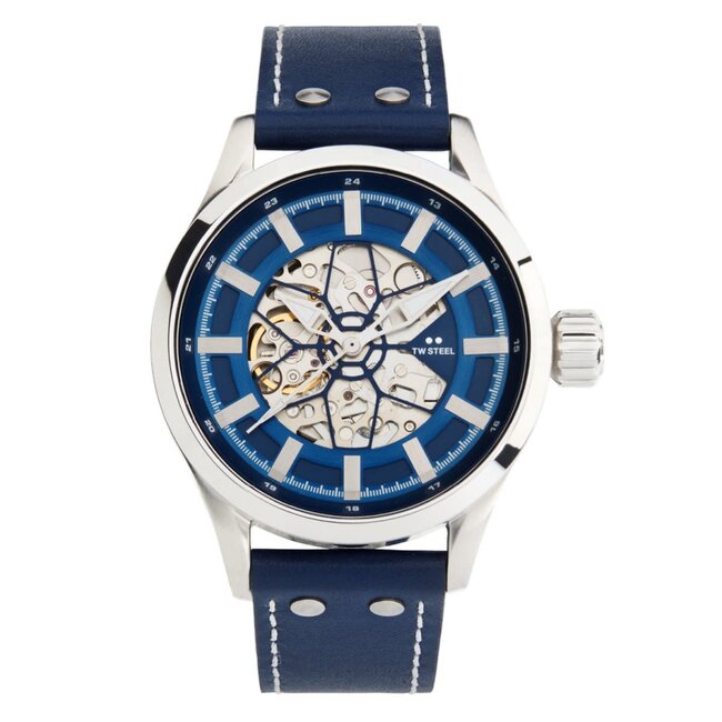 TW Steel TW Steel Horloge VS132 Staal Automaat Open wijzerplaat en Blauw Leren Horlogeband