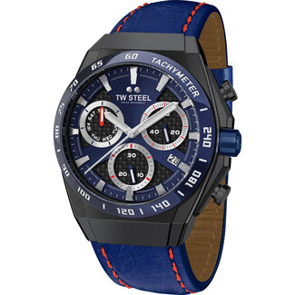 TW Steel TW Steel Horloge CE4072 Chronograaf Staal Zwart Plated met Leren Blauwe Horlogeband