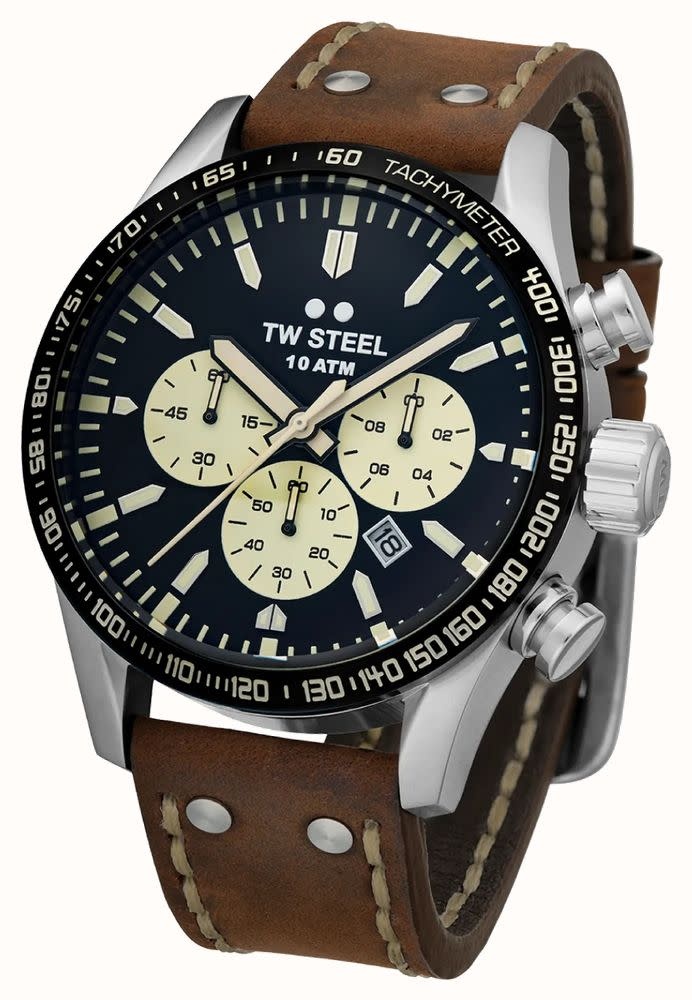 TW Steel Horloge Heren VS120 Staal Chronograaf met Zwarte Wijzerplaat en  Bruine Leren Horlogeband