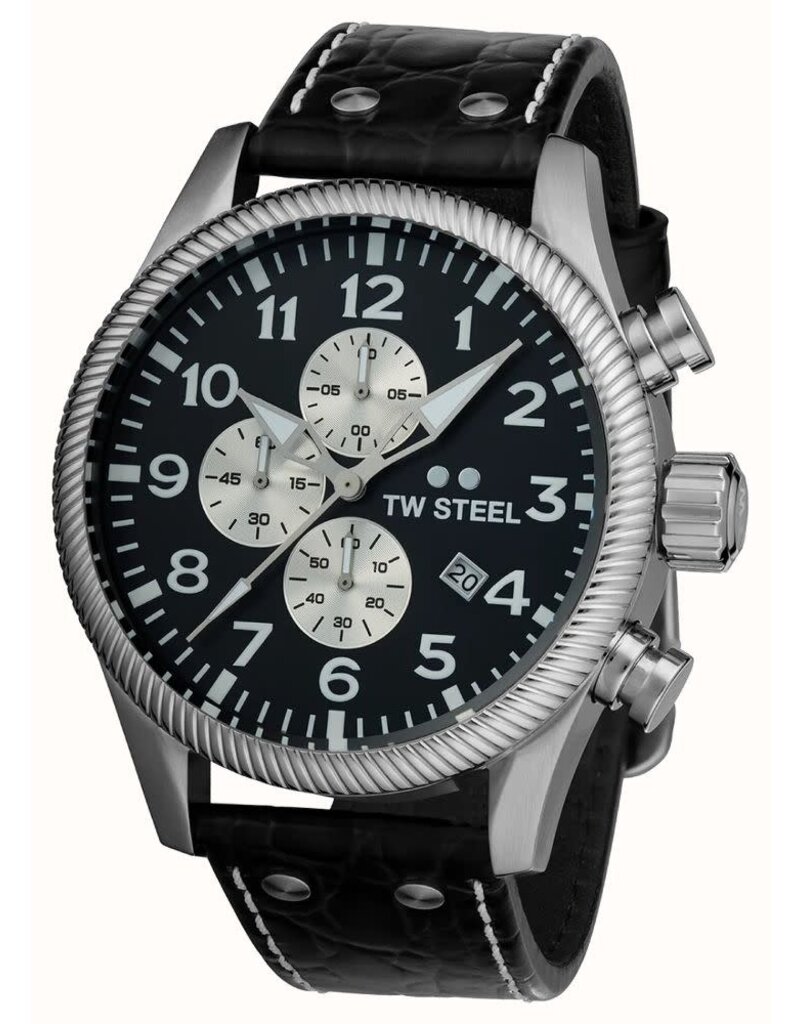 TW Steel Horloge Heren VS110 Staal Chronograaf 48mm met Zwarte Wijzerplaat en Zwarte Croco Horlogeband