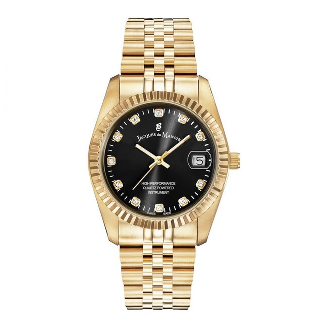 Jacques du Manoir Jacques du Manoir Horloge NRO.21 Staal met Geelgouden Plating en Zwarte Wijzerplaat met Zirconia 36mm