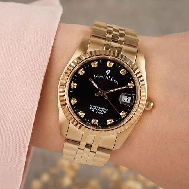 Jacques du Manoir Jacques du Manoir Horloge NRO.21 Staal met Geelgouden Plating en Zwarte Wijzerplaat met Zirconia 36mm