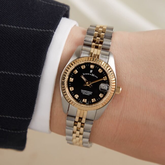 Jacques du Manoir Jacques du Manoir Dames Horloge NRO.20 Staal Bi-color met Zwarte Wijzerplaat en Zirkonia 26mm