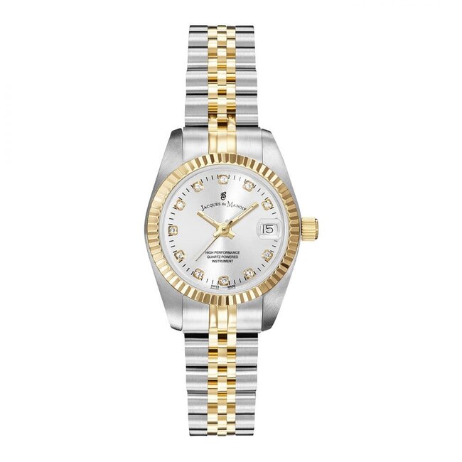Jacques du Manoir Jacques du Manoir Horloge NRO.08 Staal Bi-color Zilveren Wijzerplaat met Zirkonia 26mm