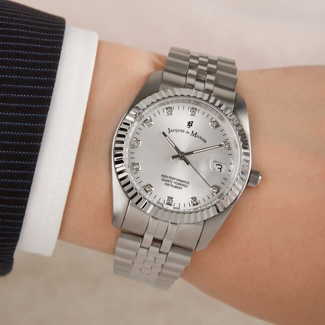 Jacques du Manoir Jaques du Manoir NR0.01 horloge dames staal met staalgrijze wijzerplaat bezet met zirconia