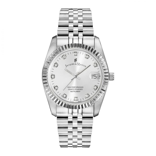 Jacques du Manoir Jaques du Manoir NR0.01 horloge dames staal met staalgrijze wijzerplaat bezet met zirconia