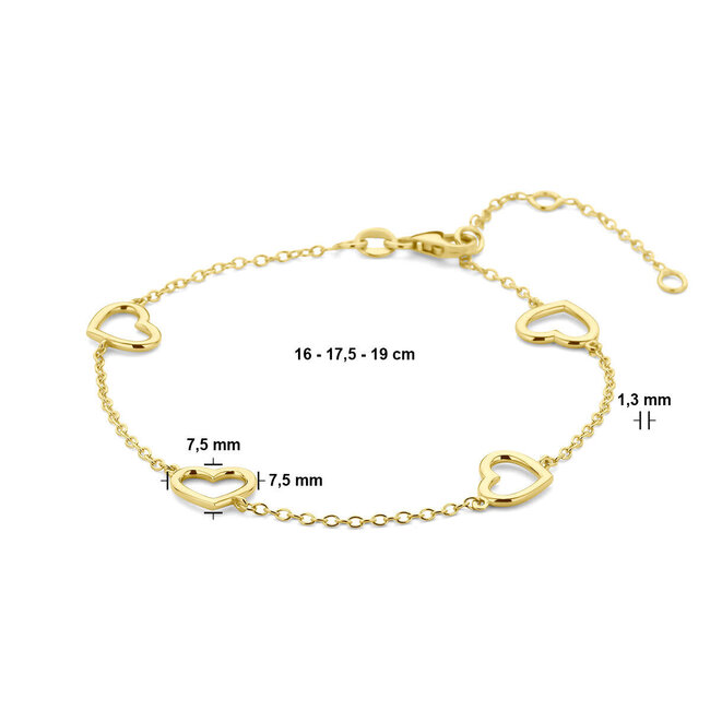 The House Of Blinckers THOB Armband 40.30420 4 Hartjes 14k Geelgoud 7.5 x 7.5mm 16-19cm