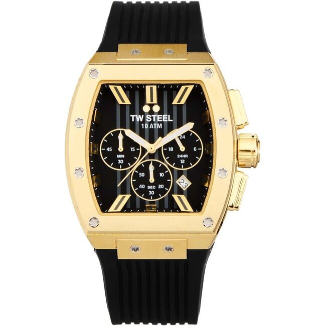 TW Steel TW Steel Horloge T02 Staal Rechthoekige Kast met Geelgouden Plating Quartz Chronograaf en met Rubberen Band met Vouwsluiting