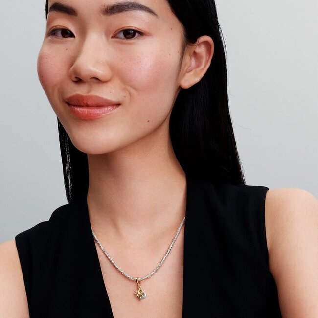 Pandora Pandora Bedel 763588C01 Zilver 925 14k Gold Plated Graveerbare Poolster in het Laboratorium Gekweekte Diamant