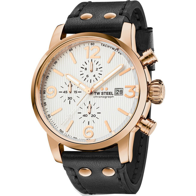 TW Steel TW Steel Horloge MS73 Staal met Rosegouden Plating Chronograaf Quartz met Zwart Leren Horlogeband