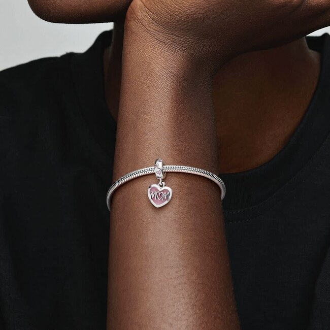 Pandora Pandora Bedel 798887C01 Zilver Mum  Dubbel Hart met Roze Cubic Zirkonia