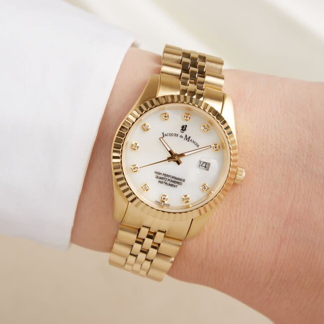 Jacques du Manoir Jacques du Manoir Horloge JWL01203 Staal met Geelgouden Plating Quartz Swiss made met Mother of Pearl Wijzerplaat 31mm